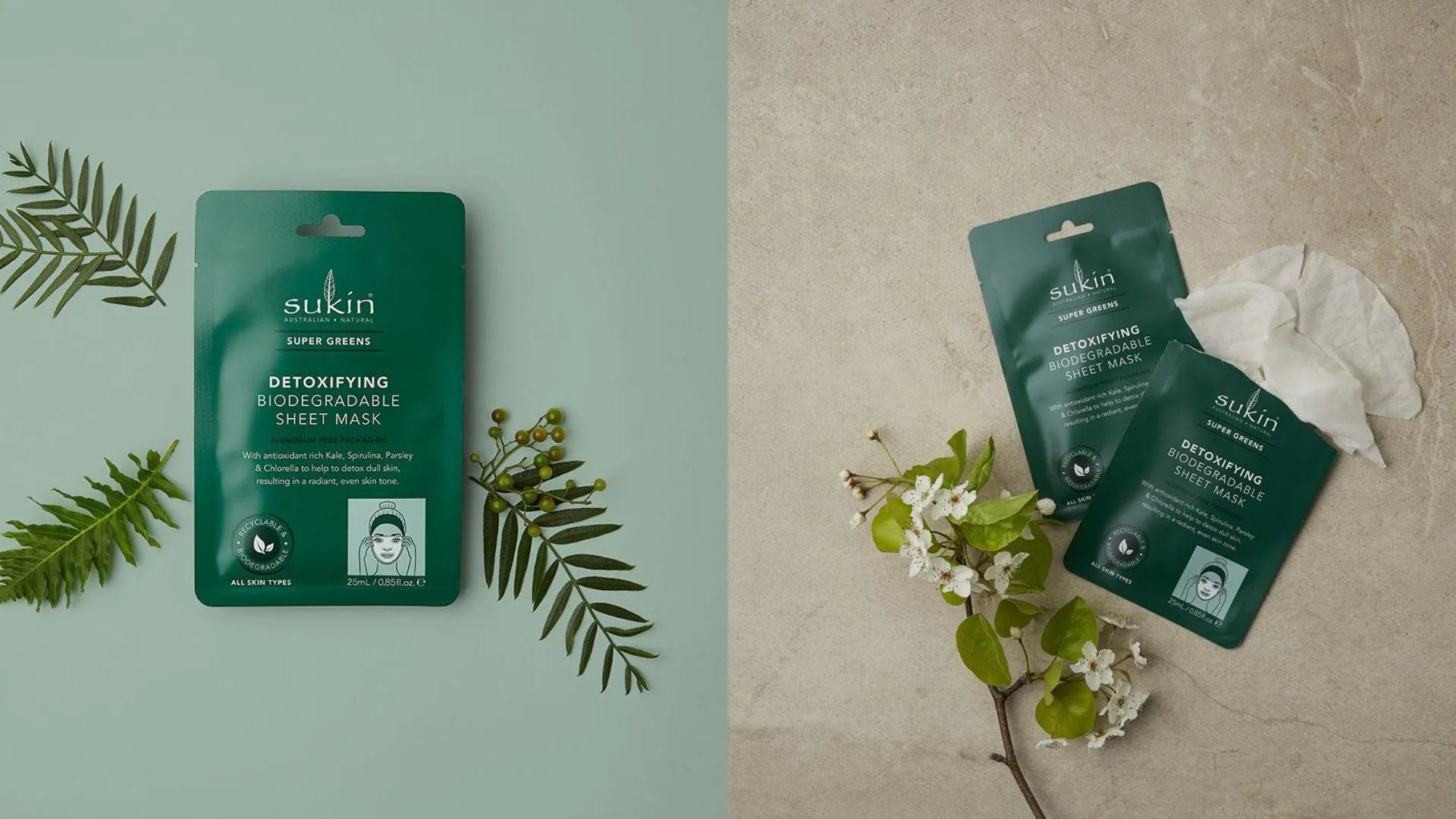 Two pictures of Sukin Sheet Mask surrounded by plants