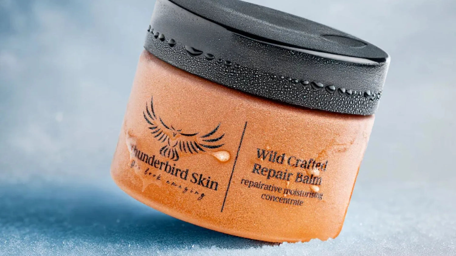 Jar of Wild Crafted Repair Balm with a black lid on a light gray background