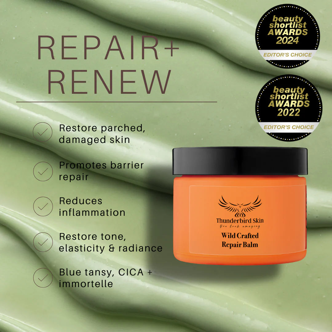 Orange jar of repair balm with green background and awards text