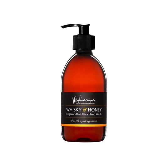 Bottle of Whisky & Honey Organic Aloe Vera Hand Wash with pump on a white background