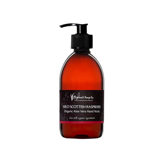 Hand wash bottle with pump labeled 'Wild Scottish Raspberry' by Highland Soap Company on a white background