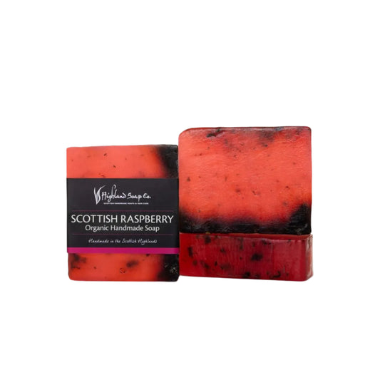 Scottish Raspberry soap from Highland Soap Company with packaging on a white background