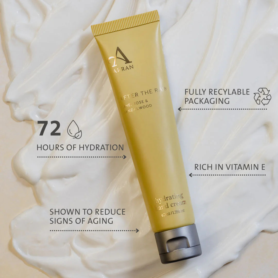 After the Rain Hydrating Hand Cream - 40ml features list including fully recyclable packaging