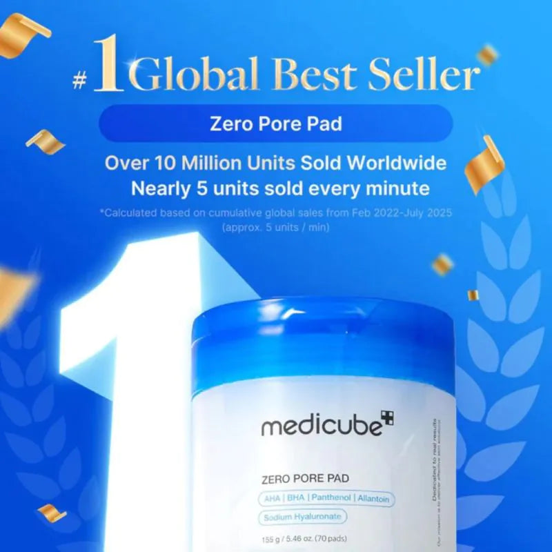 Medicube Zero Pore Pad product with global bestseller text on a blue background