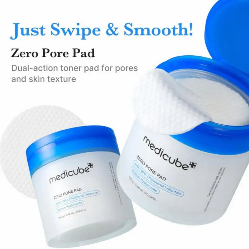 Medicube Zero Pore Pad with blue lid and white container on a white background